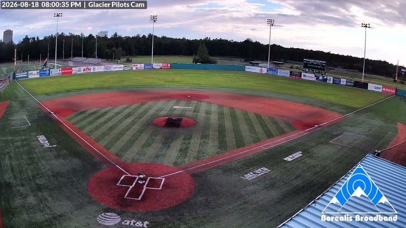 Live camera view of Mulcahy Stadium, home of the Anchorage Glacier Pilots in Anchorage, Alaska