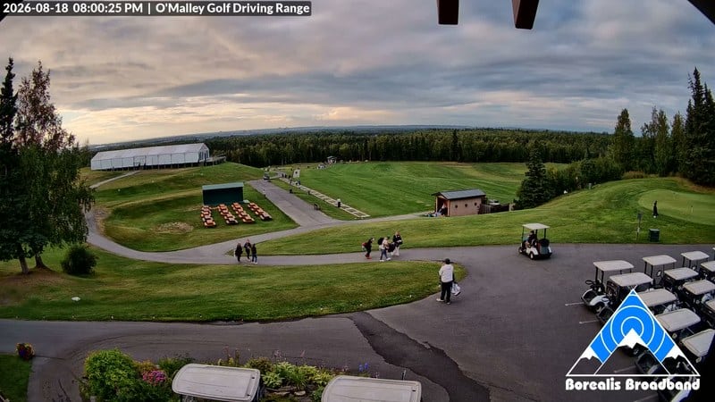 Live camera view of the driving range at Anchorage Golf Course looking north toward downtown Anchorage, Alaska
