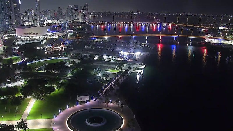 Live camera view of Bayfront Park and the Miami skyline in Downtown Miami, Florida