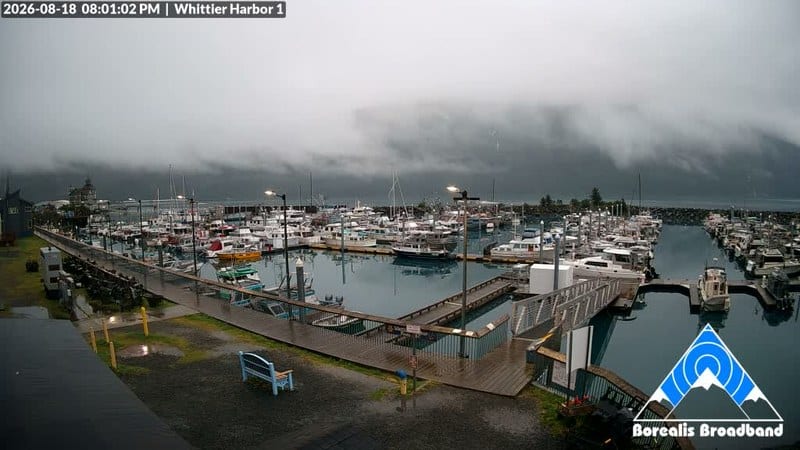 Live camera view of Whittier Harbor and Prince William Sound in Whittier, Alaska